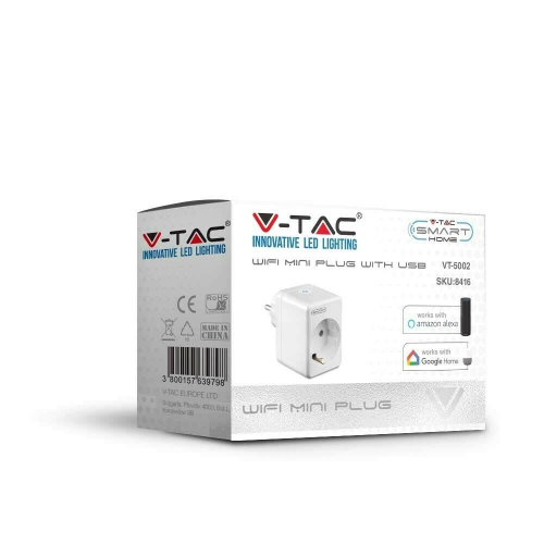 V-TAC SMART VT-5002 PRESA 10A SCHUKO E USB WI-FI CON SPINA SCHUKO - SKU 8416