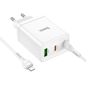 HOCO - CARICABATTERIE DA RETE PD QC3.0 3A 35W - 2*USB TYPE-C E 1 USB-A CON CAVO DI RICARICA TYPE-C A LIGHTNING - BIANCO