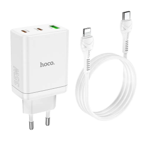 HOCO - CARICABATTERIE DA RETE PD QC3.0 3A 35W - 2*USB TYPE-C E 1 USB-A CON CAVO DI RICARICA TYPE-C A LIGHTNING - BIANCO