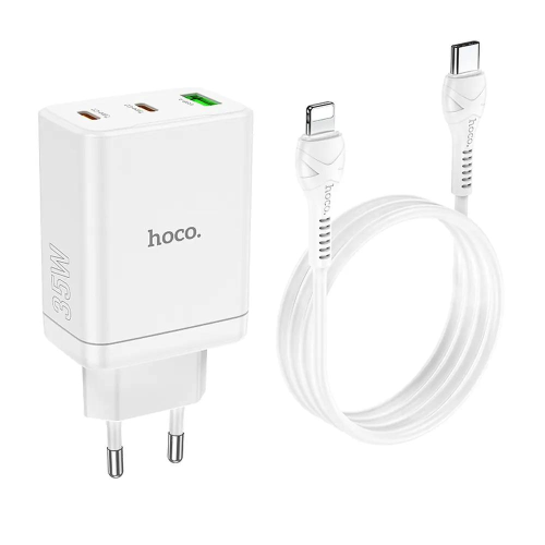 HOCO - CARICABATTERIE DA RETE PD QC3.0 3A 35W - 2*USB TYPE-C E 1 USB-A CON CAVO DI RICARICA TYPE-C A LIGHTNING - BIANCO