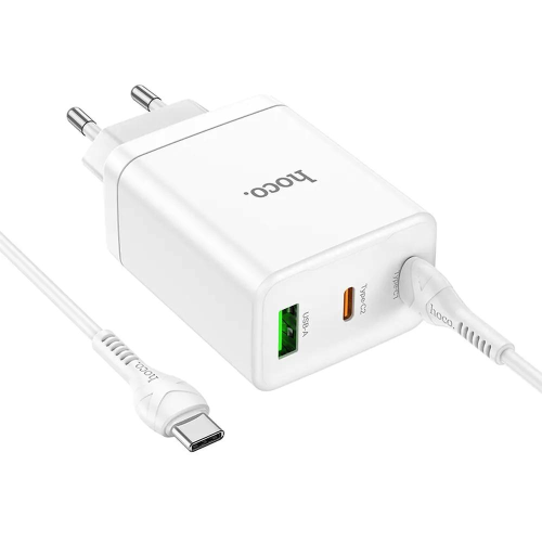 HOCO - CARICABATTERIE DA RETE PD QC3.0 3A 35W - 2*USB TYPE-C E 1 USB-A CON CAVO DI RICARICA TYPE-C A TYPE-C - BIANCO