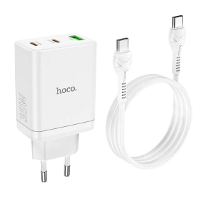 HOCO - CARICABATTERIE DA RETE PD QC3.0 3A 35W - 2*USB TYPE-C E 1 USB-A CON CAVO DI RICARICA TYPE-C A TYPE-C - BIANCO
