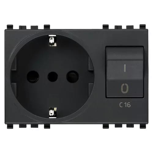 VIMAR EIKON - PRESA 2P+T 16A P30 INTERBLOCCATA CON INTERRUTTORE AUTOMATICO MAGNETOTERMICO C16 GRIGIO