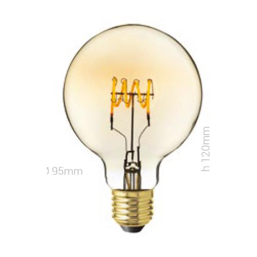LAMPADINA LED, E27, GLOBO G95, VETRO AMBRATO, 4W, 130 LM, COLORE CALDO 2000K, FILAMENTO ONDA ORIZZONTALE, CLASSE A+, DIMMERABILE