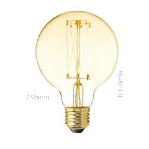 LAMPADINA LED, E27, GLOBO G95, VETRO AMBRATO, 4W, 130 LM, COLORE CALDO 2000K, FILAMENTO ONDA VERTICALE, CLASSE A+, DIMMERABILE