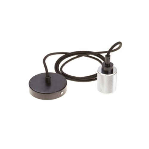 PENDENTE ASSEMBLATO 2M, PORTALAMPADA E27 IN METALLO MODERNO ARGENTO, ROSONE NERO Ø 100MM H 35MM, CAVO TONDO 3X0,75 NERO