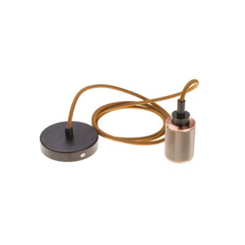 PENDENTE ASSEMBLATO 2M, PORTALAMPADA MODERNO E27 IN METALLO COLORE BRONZO LUCIDO, ROSONE NERO Ø 100MM H 35MM, CAVO TONDO 3X0,75 MARRONE