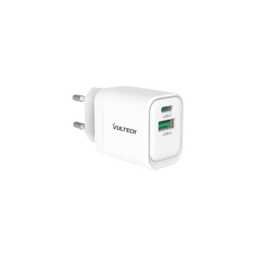 CARICATORE ADATTATORE UNIVERSALE VULTECH CC33-1C1A 1 PORTA TYPE-C PD30+ 1 PORTA USB QC3.0  GAN PPS 33W- BIANCO DIMENSIONI COMPATTE