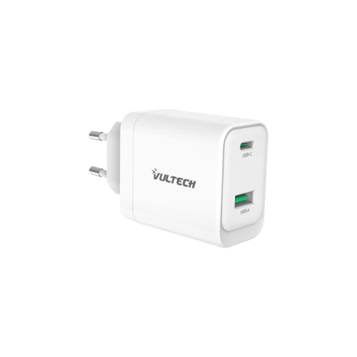 CARICATORE ADATTATORE UNIVERSALE VULTECH CC45-1C1A 1 PORTA TYPE-C 1 PORTA USB PD45 GAN PPS 45W QC3.0 - BIANCO DIMENSIONI COMPATTE