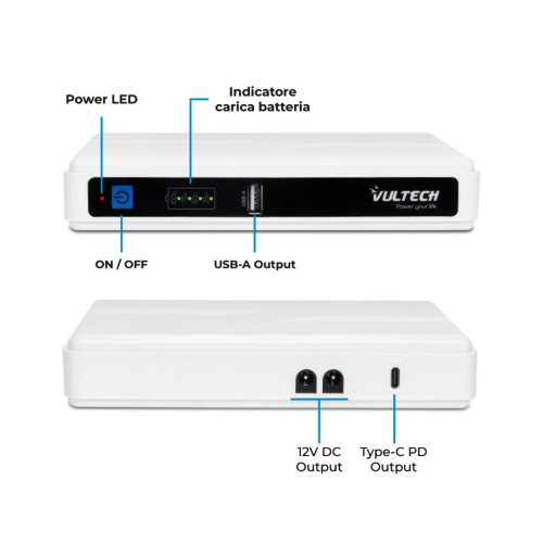 UPS DC 60W GRUPPO DI CONTINUITÀ VULTECH UPS60PWTC-DC CON PORTA TYPE-C